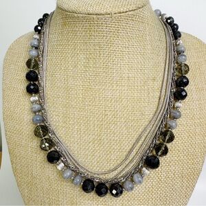 Layered Grey Glass Beaded Necklace with Silver Tone Chain and Box Clasp 18”